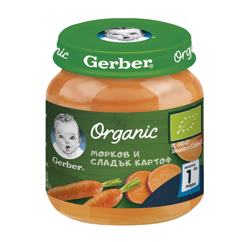 GERBER® Organic Храна за бебета Морков и сладък картоф пюре Моето първо пюре бурканче 125 гр