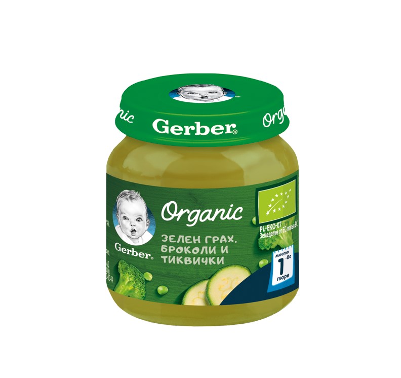 GERBER® Organic Храна за бебета Зелен грах броколи и тиквички пюре Моето първо пюре бурканче 125 гр