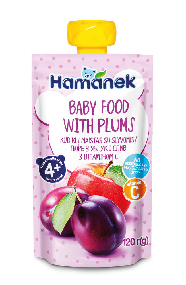 Hamanek Пауч с ябълка и сливи 4М+ 120 г