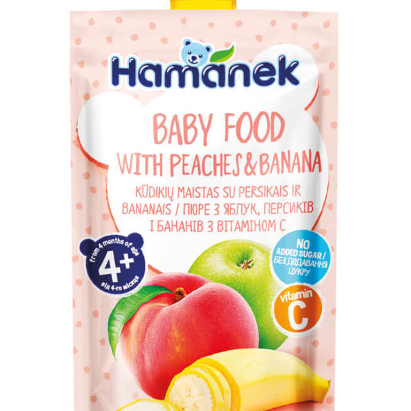 Hamanek Пауч с ябълка, праскова и банан 4М+ 120 г