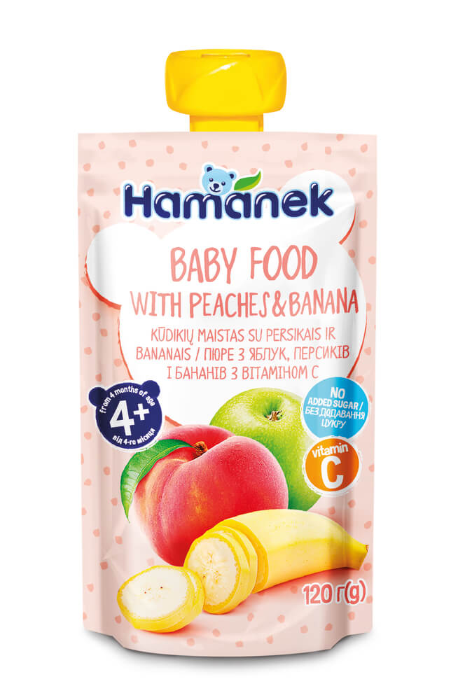 Hamanek Пауч с ябълка, праскова и банан 4М+ 120 г