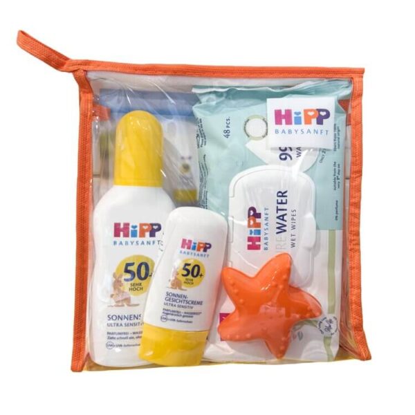 Hipp Baby Слънцезащитен спрей за бебета SPF50+ 150 мл + Hipp Baby Детски слънцезащитен крем за лице 0М+ SPF50+ 30 мл + Hipp Soft & Pur Мокри кърпи х 48 броя + Подарък Комплект