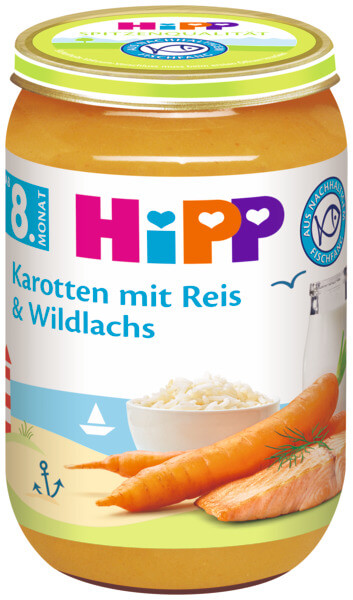 Hipp Био моркови с ориз и дива сьомга 8М+ 220 г