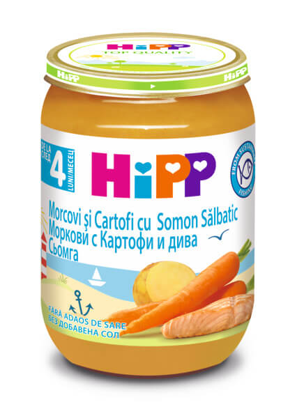 Hipp Био пюре сьомга с ранни моркови и картофи 4М+ 190 г