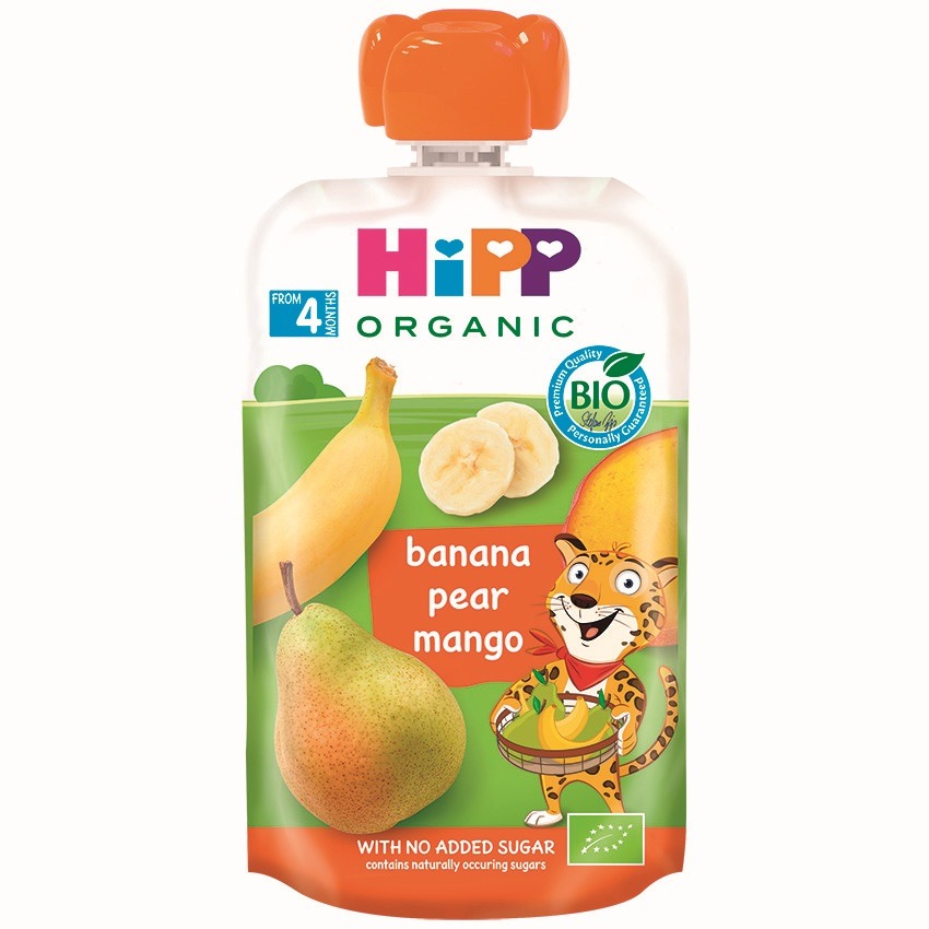 Hipp Organic Забавна закуска банан, круша и манго 4М+ 100 г