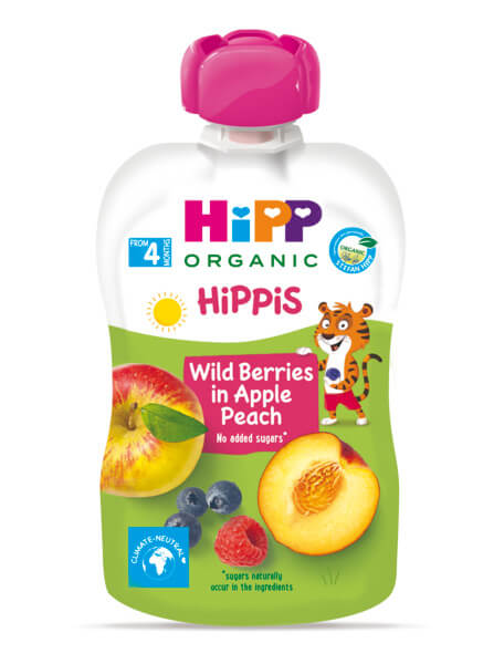 Hipp Organic Забавна закуска горски плод, ябълка и праскова 4М+ 100 г