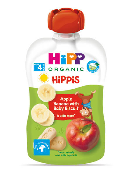 Hipp Organic Забавна закуска ябълка, банан и бисквити 4М+ 100 г