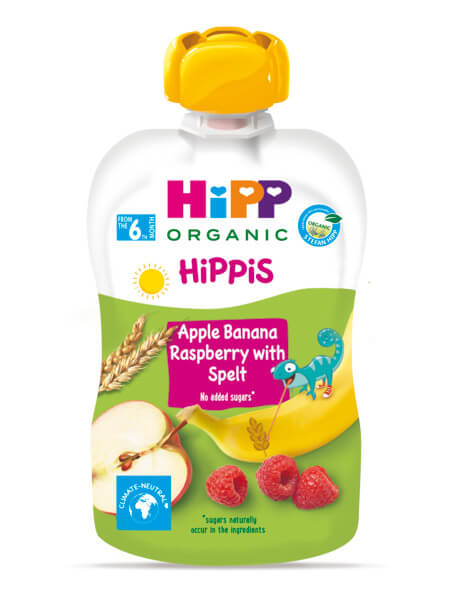 Hipp Organic Забавна закуска ябълка, банан и малина с пълнозърнести култури 6М+ 100 г