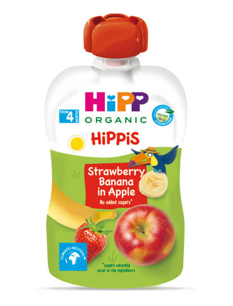 Hipp Organic Забавна закуска ябълка, ягоди и банан 4М+ 100 г
