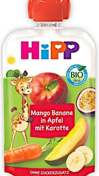 Hipp Organic Забавна закуска с манго, банан, ябълка и морков 4М+ 100 г