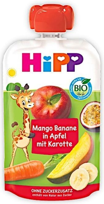 Hipp Organic Забавна закуска с манго, банан, ябълка и морков 4М+ 100 г