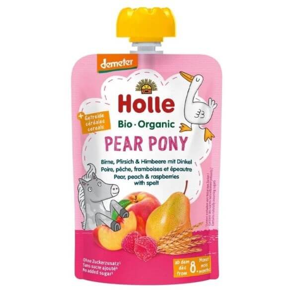 Holle Био пауч круша, праскова, малина и спелта 8М+ 100 гр