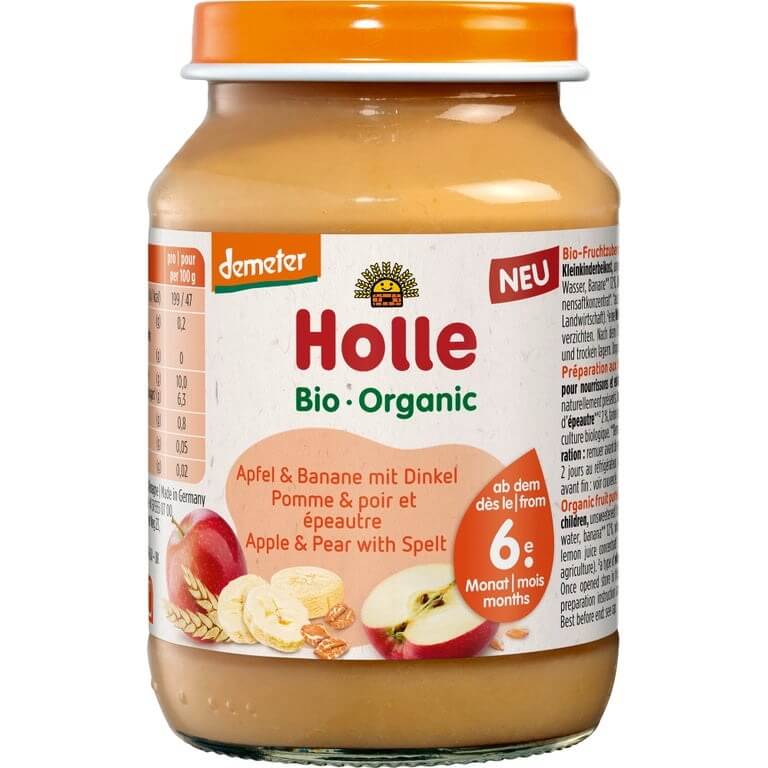 Holle Био плодово пюре ябълка, банан и спелта 6М+ 190 гр