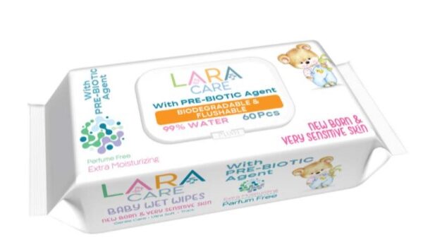 Lara Care Pre-Biotic Бебешки мокри кърпички с пребиотик 99% вода с капак 60 бр