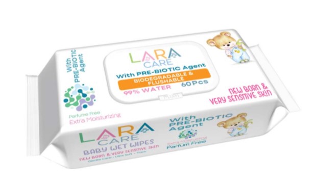 Lara Care Pre-Biotic Бебешки мокри кърпички с пребиотик 99% вода с капак 60 бр