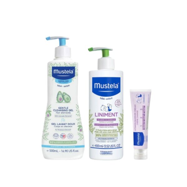 Mustela Нежен Измиващ гел за коса и тяло 500 мл + Mustela Линимент 400 мл + Mustela Витаминен защитен крем против подсичане 1-2-3 100 мл Комплект