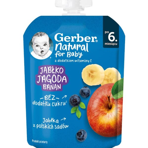 Nestle Gerber Пауч Плодова закуска с ябълка, боровинка и банан 6м+ 80 гр