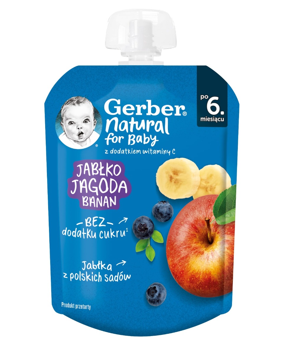 Nestle Gerber Пауч Плодова закуска с ябълка, боровинка и банан 6м+ 80 гр