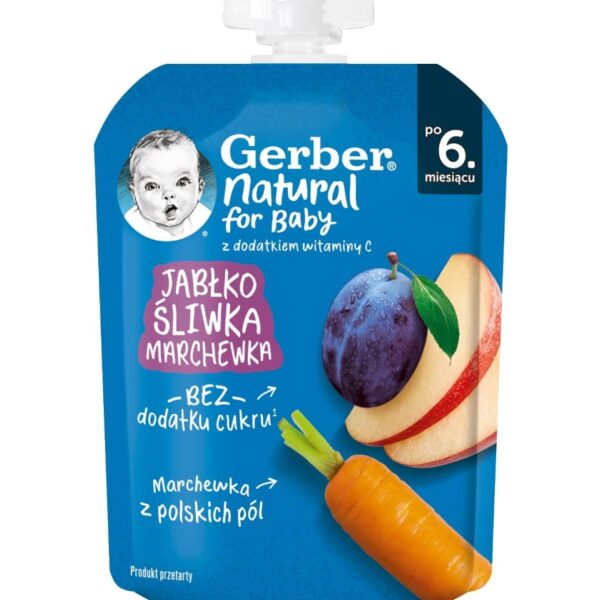 Nestle Gerber Пауч Плодова закуска с ябълка, сливи и моркови 6м+ 80 гр