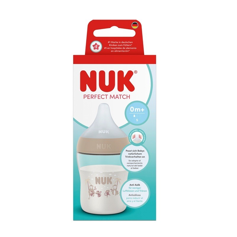 Nuk Perfect Match Temperature Control PP Шише със силиконов биберон S 0M+ Маймуна бежова 150 мл
