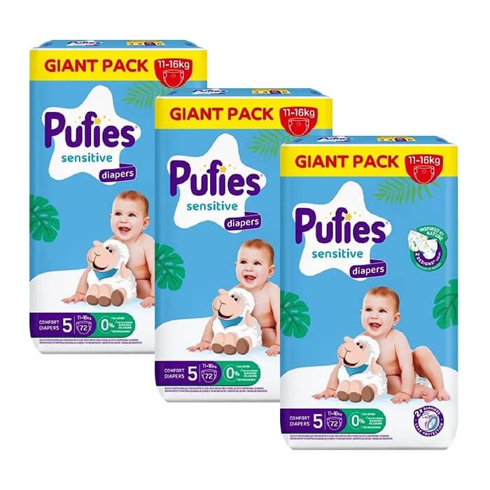Пелени Pufies GP Sensitive размер 5 Junior 11-16 кг 72 бр х 3 пакета Комплект