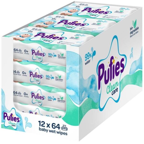 Pufies Clean Care Бебешки мокри кърпички с 99% вода 12 х 64 бр