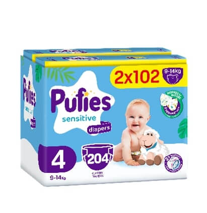 Pufies Sensitive 4 Maxi Бебешки Пелени 9-14 кг 2 х 102 бр Комплект