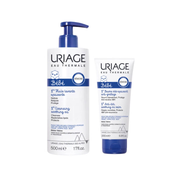 Uriage Bebe 1er Успокояващо почистващо душ-олио за бебета и деца 500 мл + Uriage Bebe 1er Baume Успокояващ олио-балсам за бебета и деца 200 мл Комплект