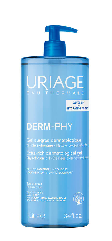 Uriage Derm-Phy Пенлив почистващ гел за лице и тяло за чувствителна кожа 1000 мл
