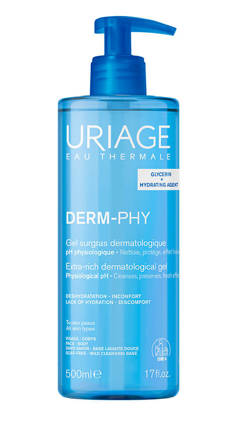Uriage Derm-Phy Пенлив почистващ гел за лице и тяло за чувствителна кожа 500 мл