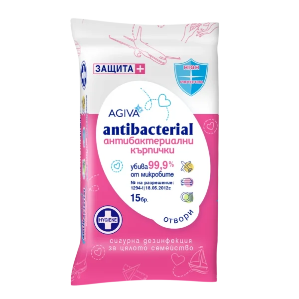 Agiva Antibacterial Антибактериални мокри кърпички розови х15 бр