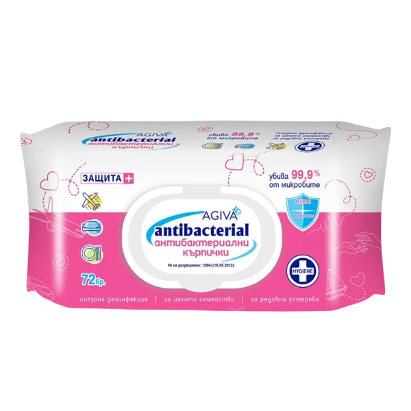 Agiva Antibacterial Антибактериални мокри кърпички розови х72 бр