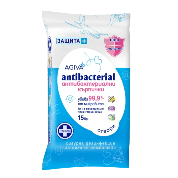 Agiva Antibacterial Антибактериални мокри кърпички сини х15 бр