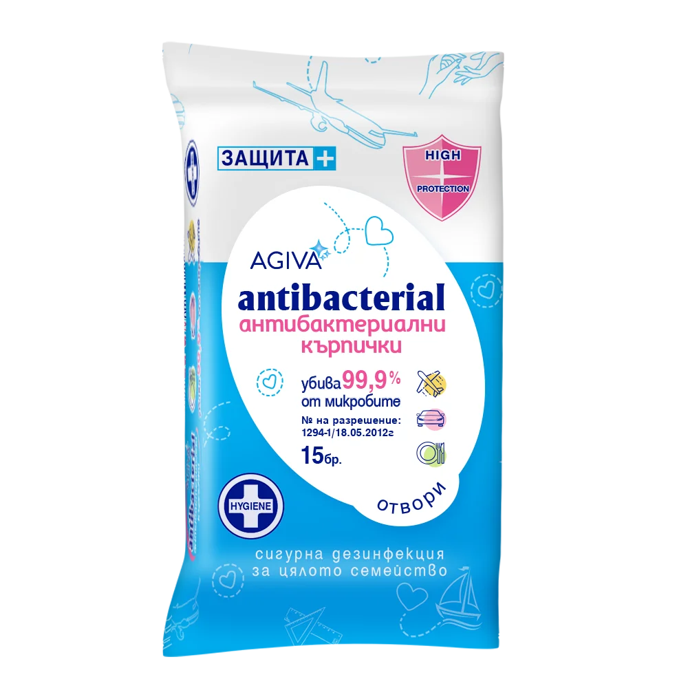 Agiva Antibacterial Антибактериални мокри кърпички сини х15 бр