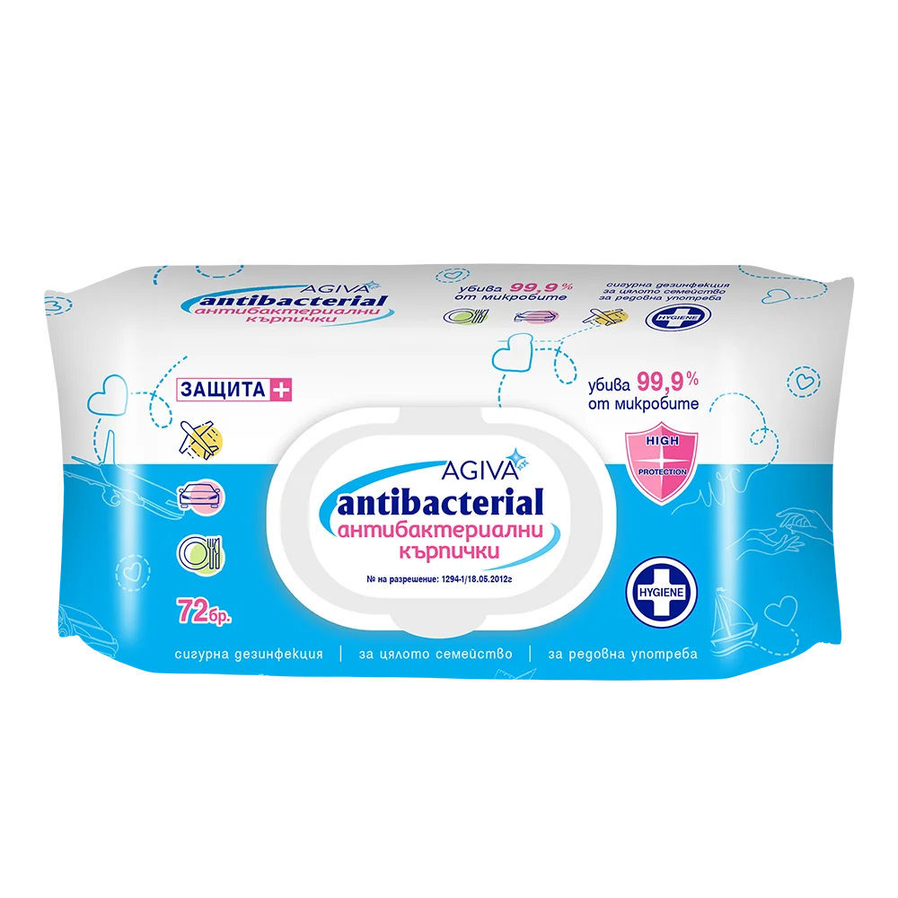Agiva Antibacterial Антибактериални мокри кърпички сини х72 бр
