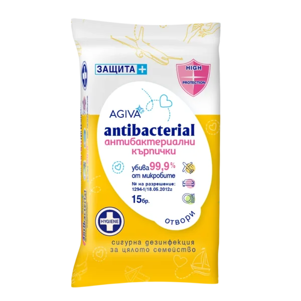 Agiva Antibacterial Антибактериални мокри кърпички жълти х15 бр