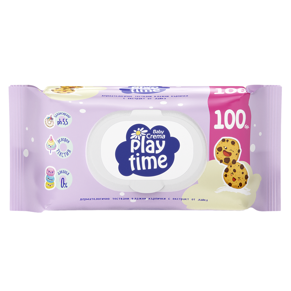 Baby Crema Play Time Бебешки мокри кърпички с лайка и капак лилави х100 бр
