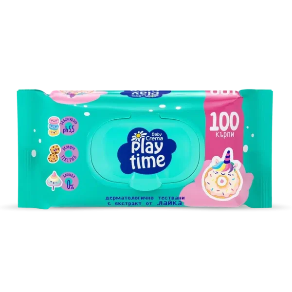 Baby Crema Play Time Бебешки мокри кърпички с лайка и капак зелени х100 бр