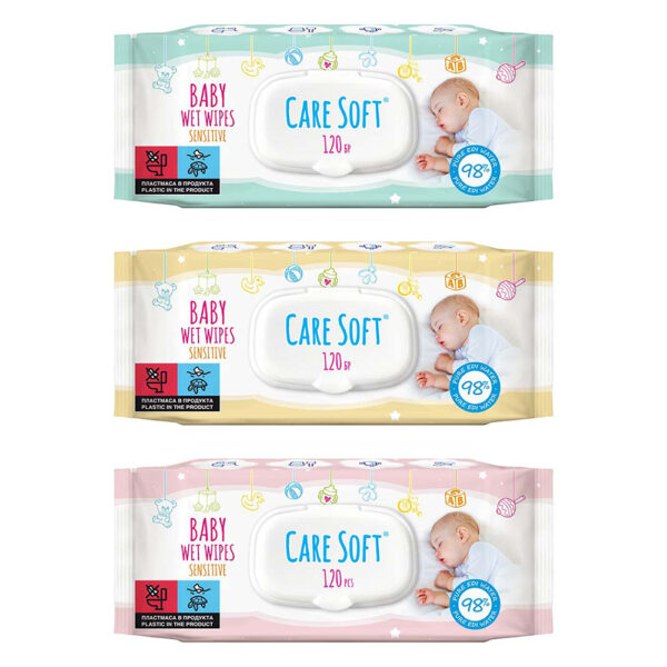 Care Soft Бебешки влажни кърпички Sensitive с капак х 120 бр