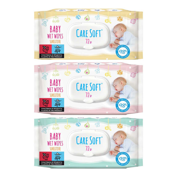 Care Soft Бебешки влажни кърпички Sensitive с капак х 72 бр