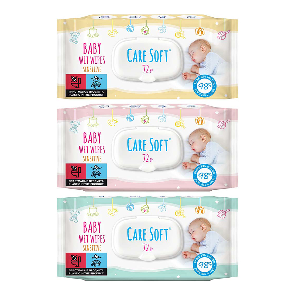 Care Soft Бебешки влажни кърпички Sensitive с капак х 72 бр