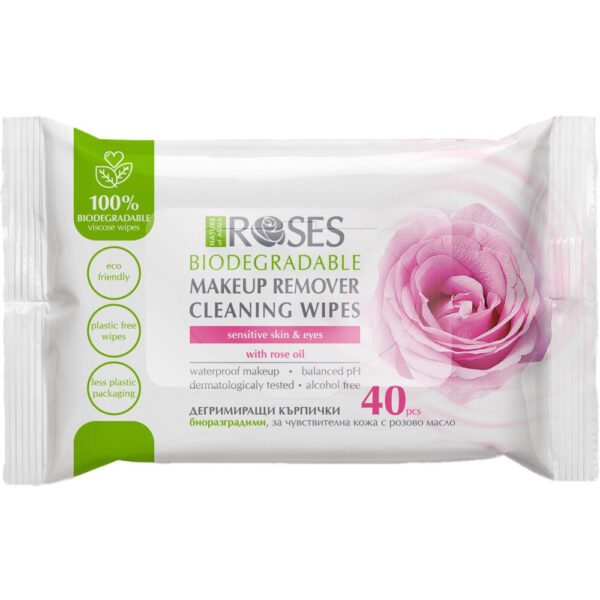 Nature of Agiva Roses Биоразградими кърпички за грим с розово масло х40 бр
